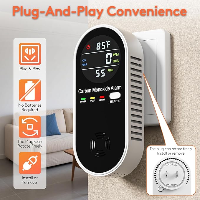 Portable Carbon Monoxide Detectors Plug in 4-in-1 Gas Detector for Home, RV, Hotel Room – Natural Gas & CO Alarm with Temperature & Humidity Display (1 Pack)