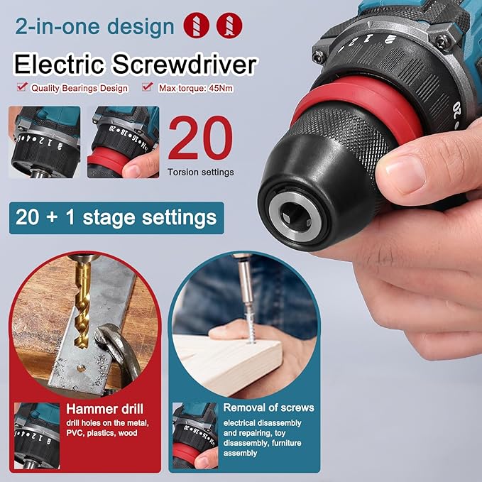 18V 2in1 Lithium Drill, Electric Screwdriver 45Nm Torque Brushless Motor Screw Driver with 2pcs Chargeable Battery Power Tool for Home Furniture Installation Automotive Electronics Repairing