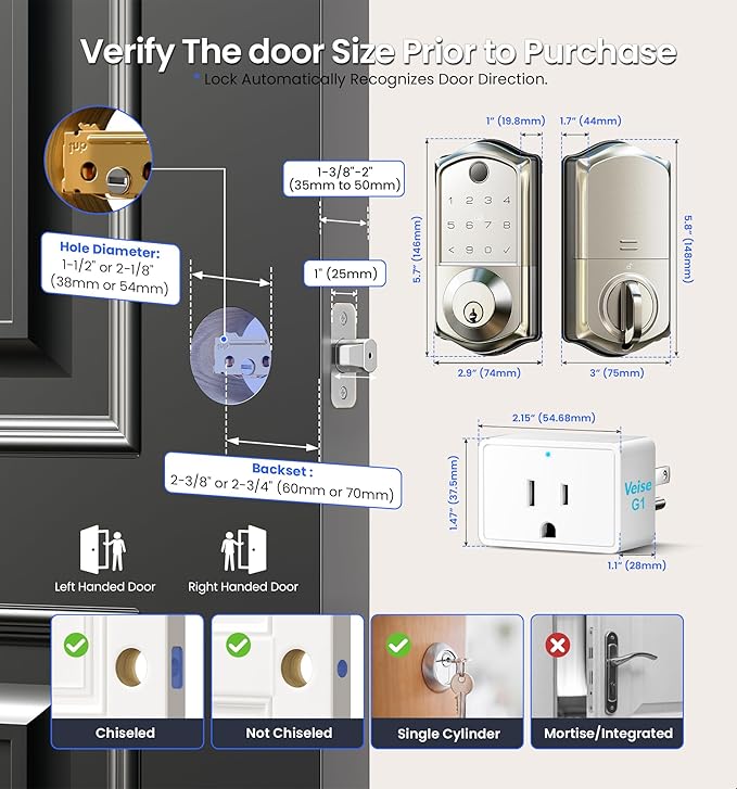 Veise VE017G Wi-Fi Keyless Entry Door Lock with Fingerprint, App Remote Control, Smart Locks for Front Door, Electronic Keypad Deadbolt, Auto Locking, Waterproof, Easy to Install, Satin Nickel