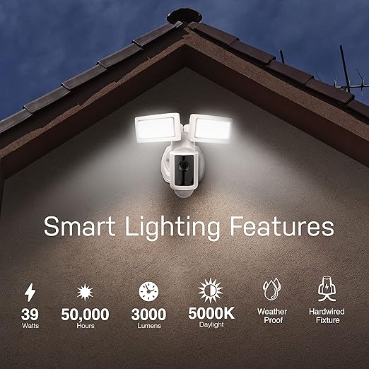 Feit Electric SEC3000/CAM/WIFI Outdoor LED Smart Security Camera with Motion Sensor, 2-Way Audio, 39-Watt Floodlight, Works with Alexa and Google Asst, Alarm, Hardwired, 128 GB Micro SD Card Storage