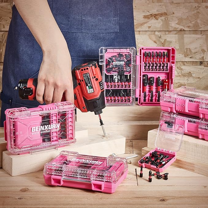 56Pieces Impact Screwdriver Bits Set, Magnetic S2 Steel Phillips/Slotted/Square/Torx Insert Power Bits Tips, Impact Bit Holder with Pink Storage Box Case