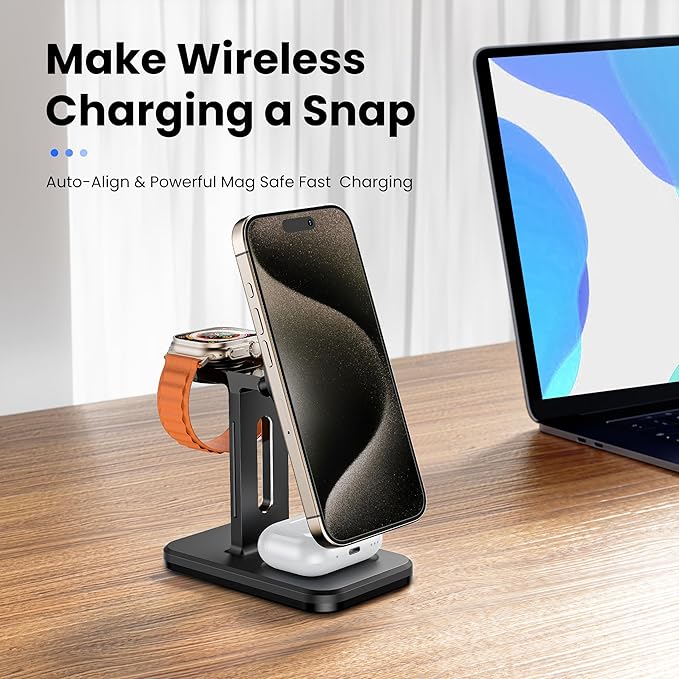 3 in 1 Fast Wireless Charging Station for Magsafe Apple Devices, Aluminum Alloy Charger Station with Adapter, Magnetic Charging Stand for iPhone 16/15/Pro/ProMax/14/13/12, Apple Watch & AirPods, Black