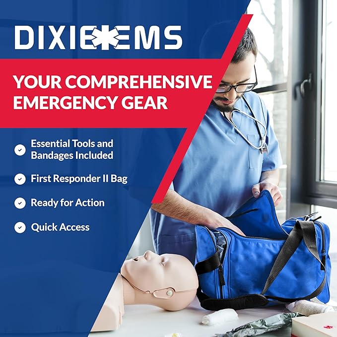 Fully Stocked Trauma First Aid Kit – First Responder II Bag with Tools, Gauze, Bandages, Scissors & Gloves – Compact & Portable – OSHA and ANSI Compliant – Blue
