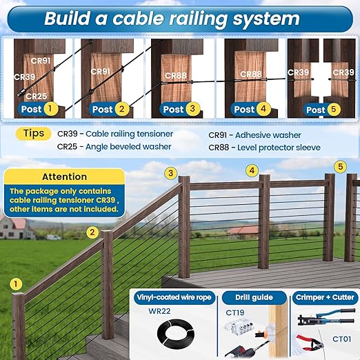 Muzata 10 Pack 1/8" Black Cable Railing Hardware Kit Hand Swage Threaded Stud Tensioner for 4x4 2x2 Wood Metal Post T316 Stainless Steel Deck Cable Railing System CR39