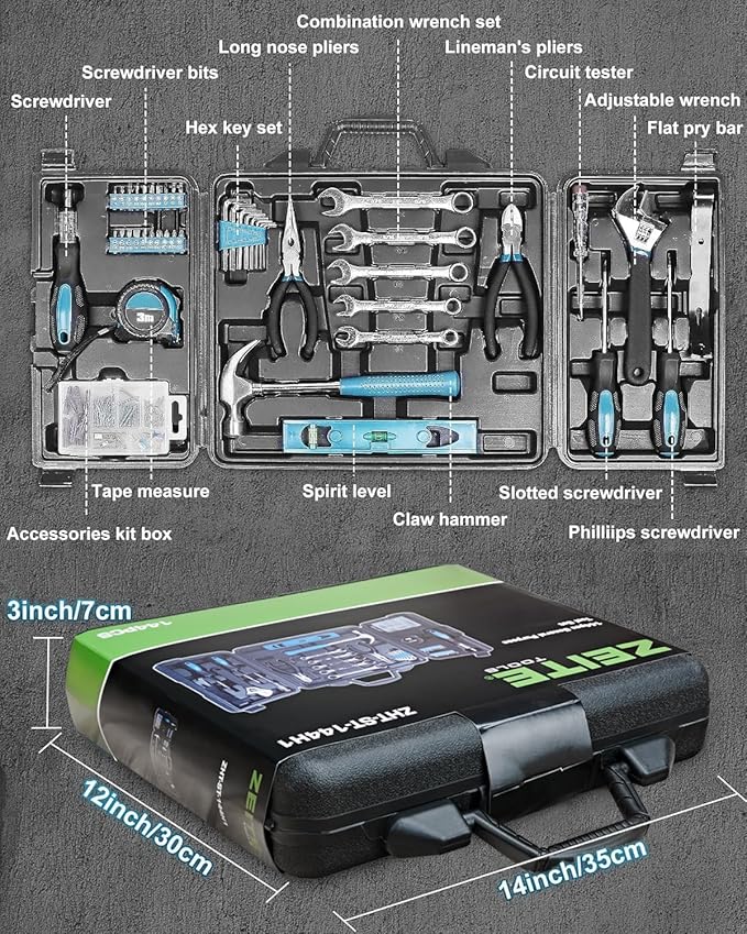Tool Kit for Home, 144 Piece Hand Tool Set with Storage Box, General Basic Repair Tool Set with Hammer, Pliers, Wrenches, Voltage Tester, Measure Tape, Screwdriver Bits
