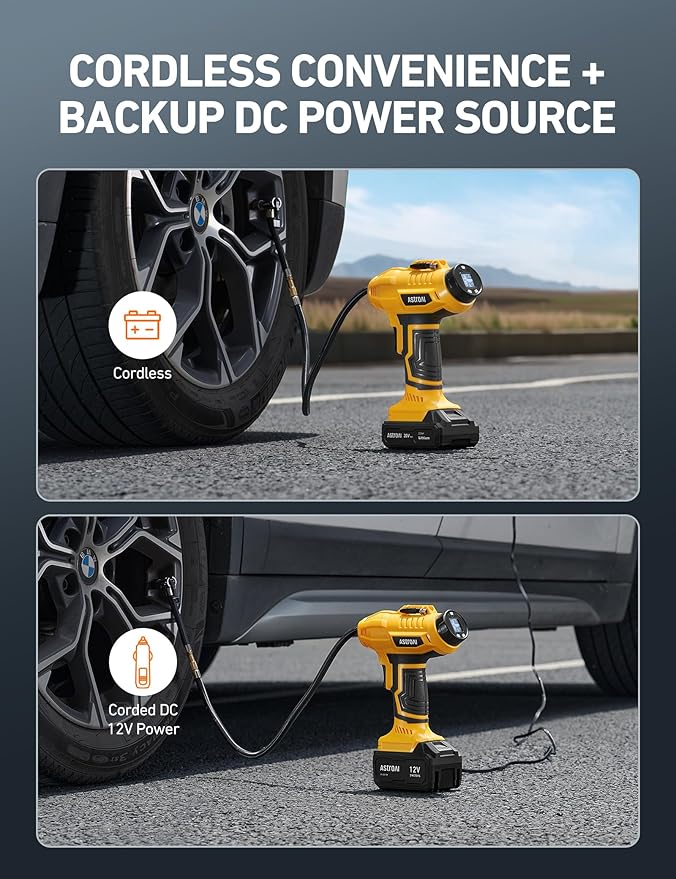 AstroAI Cordless Tire Inflator Air Compressor 20V Rechargeable Battery Powered 160PSI Portable Air Pump with 12V Car Power Adapter Digital Pressure Gauge for Cars Motorcycles JY16P160-18(C2)Yellow
