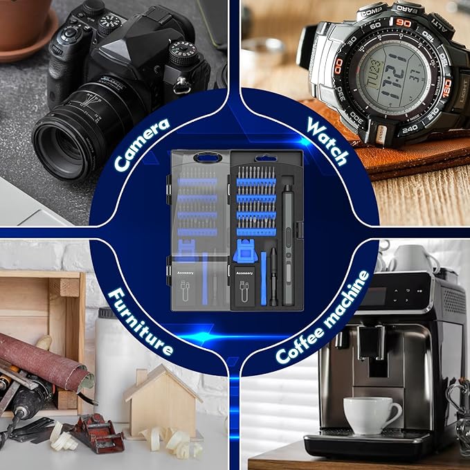 Blue Mini Electric Screwdriver - 50 in 1 Electric Screwdriver Kit Aluminum Square Handle with 3 LED Lights, Speed Adjustment, Hand Power Switch, Strong Magnetic Bits for Electronics Repair