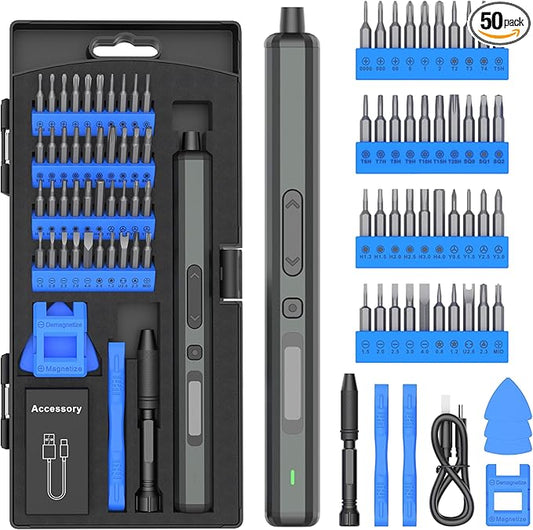 Blue Mini Electric Screwdriver - 50 in 1 Electric Screwdriver Kit Aluminum Square Handle with 3 LED Lights, Speed Adjustment, Hand Power Switch, Strong Magnetic Bits for Electronics Repair