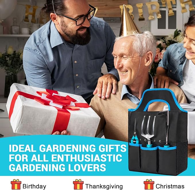 Garden Tool Set with Non Slip Rubber Grip,8 Piece Stainless Steel Gardening Tool Sets,Heavy Duty Outdoor Hand Tools with Bag,Uprooting Weeding Tool, Gifts for Women Men (Blue Garden Tools (11 Pcs))