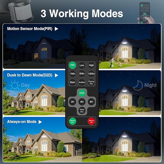130W Motion Sensor Light Outdoor Plug in, 13000LM LED Security Lights with Remote Control, 3 Adjustable Heads, 3 Modes, Plug in Flood Lights Outodoor IP65 Waterproof for Garage Yard (Black)