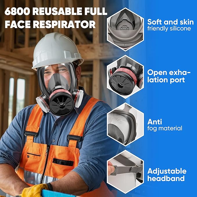Full Face Respirator Gas Mask - Survival Nuclear and Chemical with 40 mm Activated Carbon Filter, for Painting Welding Chemical and Organic Vapor 6800