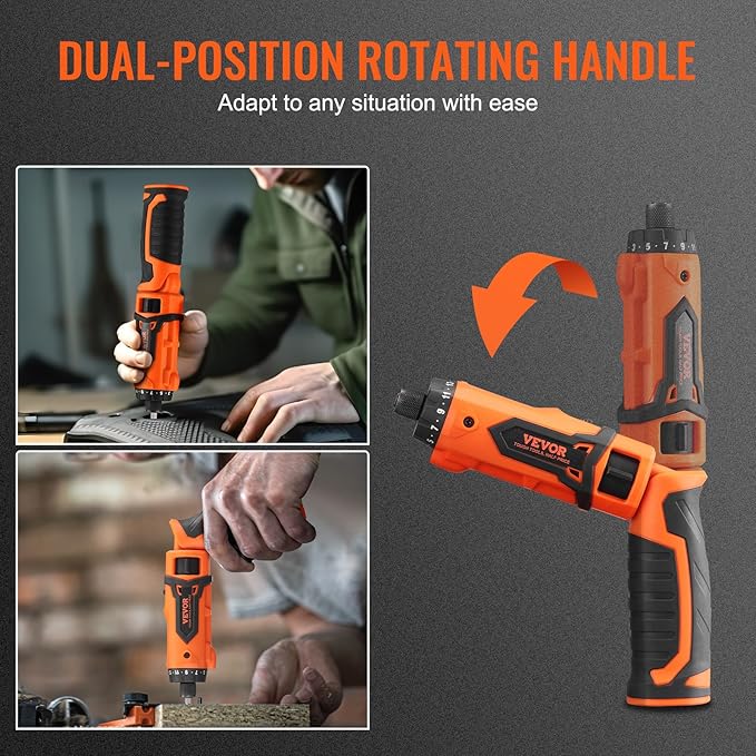 VEVOR Cordless Screwdriver,4V 7Nm Electric Screwdriver Rechargeable Set with 12 Accessory Kit and Charging Cable,Screw Gun with 20+1 Torque Setting & Twistable Handle for Home DIY.
