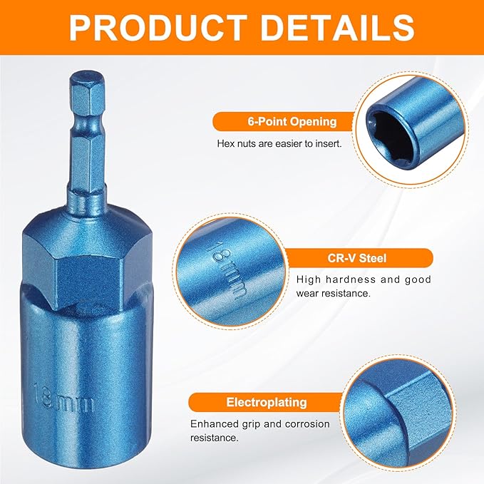 HARFINGTON Nut Driver 18mm Hex Drive Socket CR-V Steel Power Screw Drill Bits Socket Wrench Tools with 1/4" Quick Change Hex Shank for Power Drills Impact Drivers, Blue