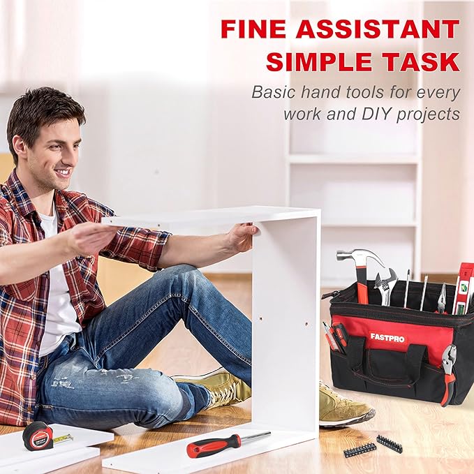 FASTPRO 220-Piece Home Tool Set, Household Repairing Tool Kit, with 12-Inch Wide Mouth Open Storage Tool Bag, Red