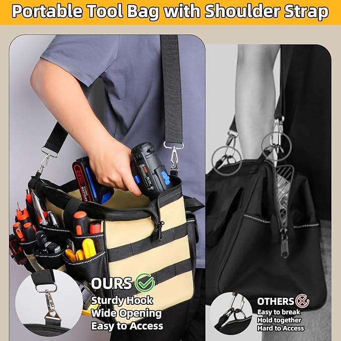 15 Inch Heavy Duty Tool Tote Bag with 24 Pockets, Wide Open Mouth Tool Box Organizer Case with Shoulder Strap, Portable Electrician Tool Kit Storage Carrying Pouch with Lockable Zipper (Khaki)