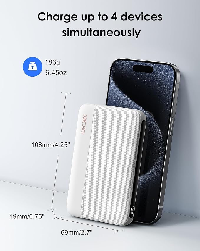 Power Bank 10000mAh, Portable Charger with Built-in Cables, 22.5W PD Fast Charging for iPhone & Android Devices, Ultra-Compact Travel Essential, Pocket-Sized Design-White