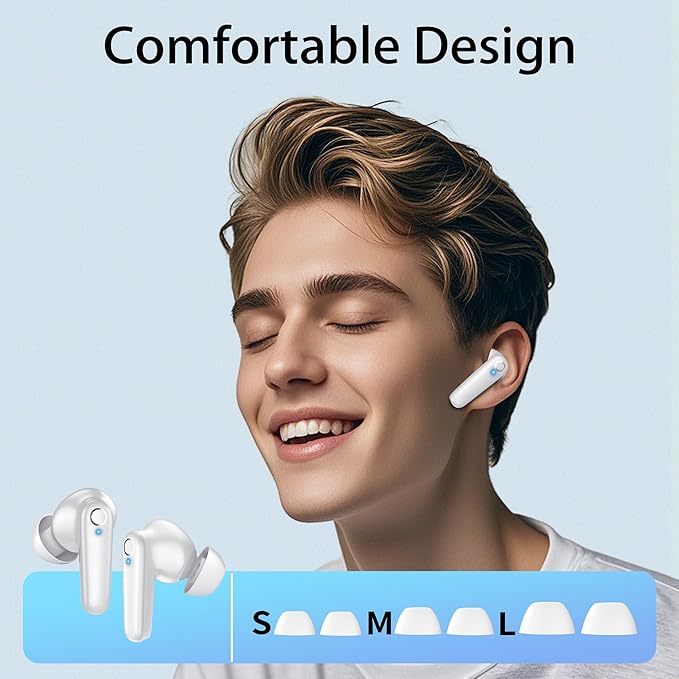 Wireless Ear Buds Bluetooth 5.3 60H Using Time Headphones Deep Bass Clear Call Earbuds with Built-in Mic Touch Control Lightweight Headsets for Studying Working Gaming White