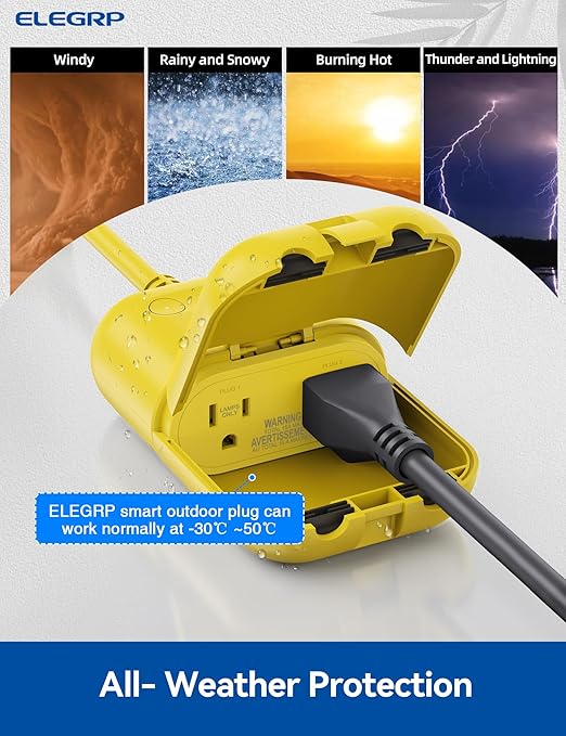 ELEGRP Outdoor Smart Dimmer Plug Waterproof IP66, Smart WiFi Plug with 2 Individually Sockets, Compatible with Alexa & Google Assistant, Outdoor Dimmer for String Lights, UL Listed, 1 Pack, Yellow