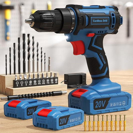 Cordless Drill, 20V Power Drill, Double 2000mAh Power Pack Electric Drills, Cordless Drills with Power Pack and Charger, 3/8" Keyless Chuck Screwdriver with 25+1 Max 370 In-lb Torque, 42Pcs Bits