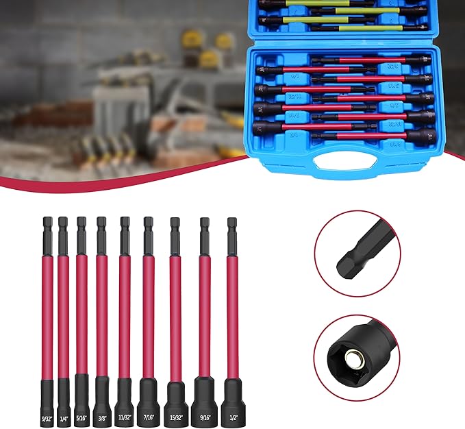 18Pcs Magnetic Nut Driver Set,Impact Power Hex Extra Long Nut Driver Drill Bit Master Kit | SAE & Metric | 1/4 Inch Hex Shank | Cr-V Steel