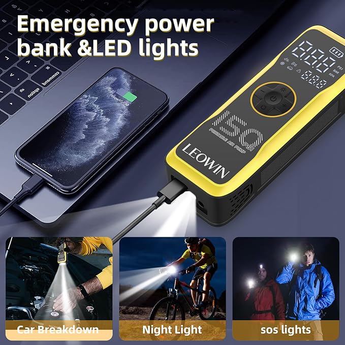 Tire Inflator Portable Air Compressor, Air Pump for Car Tires with Digital Tire Pressure Gauge/LED Light, Tire Pump with Rechargeable Battery &12V Car Power Adapter, for Cars, Motorcycles, Bikes, Ball