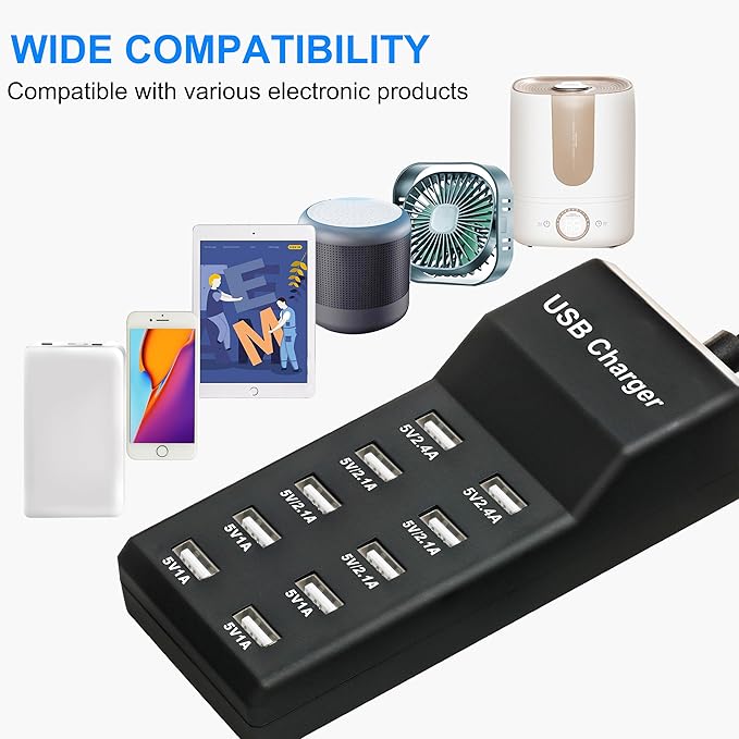 USB Charging Station, 10-Port Charging Station for Phones/Tablets/Watches (Black, 10 USB-A)