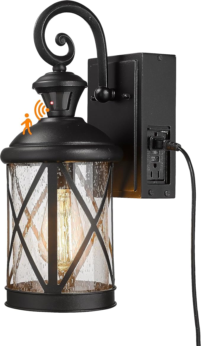 Darkaway Motion Sensor Outdoor Wall Light, Dusk to Dawn Outdoor Porch Light with GFCI Outlet Waterproof Exterior Wall Sconce with Seeded Glass Black Wall Mount Lighting Fixture for House Patio Garage