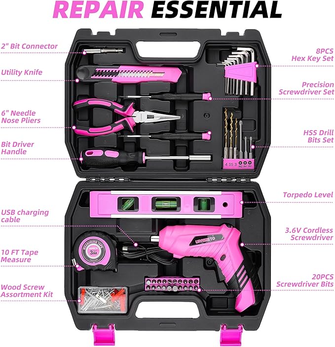 123-Piece Pink Household Tool Set with 3.6V USB Cordless Electric Drill, Lightweight, Portable
