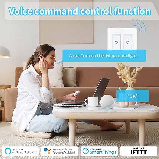 Milfra Touch Smart Switch 2 Gang, 2-Position, White, Compatible with Alexa and Assistant, No Hub Required
