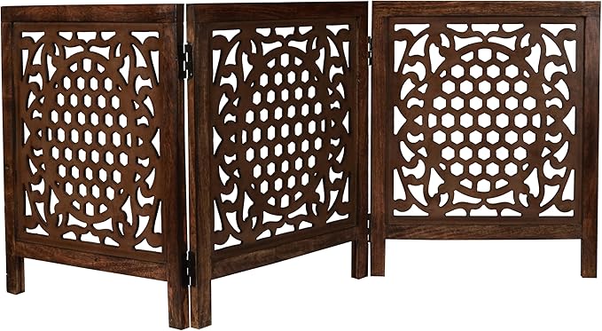 Wooden Freestanding Foldable Dog Gate – 3 Panels, Extra Wide, 24'' Height, Decorative Pet Gate for Doorways, Natural Bedding Cratf