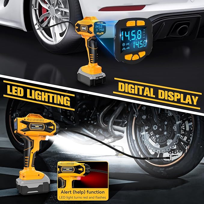 Cordless Tire Inflator Air Compressor Compatible with Dewalt 20V Max Battery, 160PSI Portable Air Pump with Digital Pressure Gauge, Fast Inflation for Cars, Motorcycles, Bikes(Bare Tool)