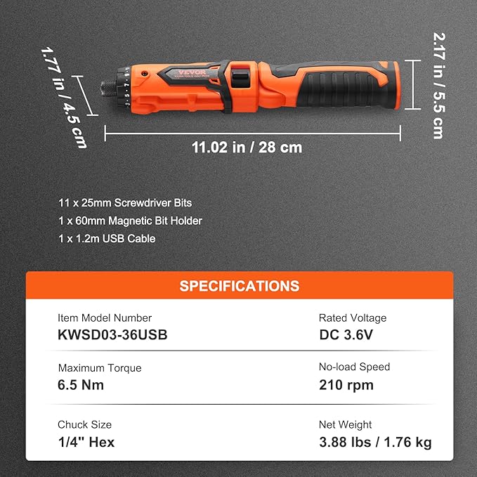 VEVOR Cordless Screwdriver,4V 7Nm Electric Screwdriver Rechargeable Set with 12 Accessory Kit and Charging Cable,Screw Gun with 20+1 Torque Setting & Twistable Handle for Home DIY.