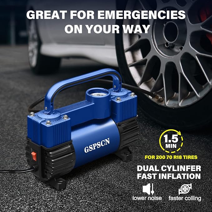 GSPSCN Blue Tire Inflator Heavy Duty Double Cylinders with Portable Bag - Car Accessories,Metal DC 12V Air Compressor Pump 150PSI w/Adapter for Car, Truck, SUV Tires, Dinghy, Air Bed, RV etc