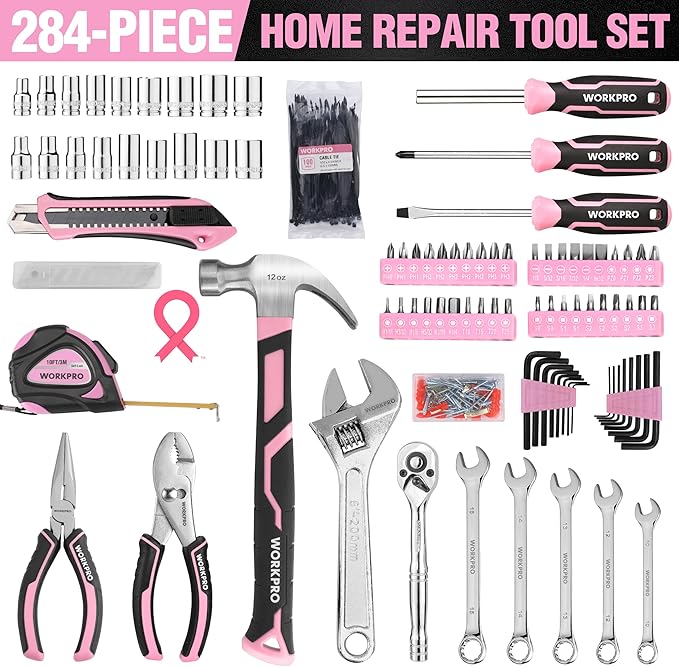 WORKPRO Pink Tool Set, 284 PCS Tool Kit for Women, Basic Household Pink Tool Box with Sockets, Pliers, Ratchet Handle, Portable Toolkit for Home Repair, New Apartment, House-Warming, DIY - Pink Ribbon