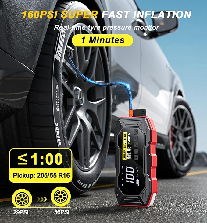 Jump Starter with Air Compressor, Portable Car Battery Jump Starter(12 Gas/10L Diesel), 4000A Peak 160PSI 12V Automobile Jump Box Pack Chargers with Jumper Cables, 4-Mode LED Lights, LCD Display