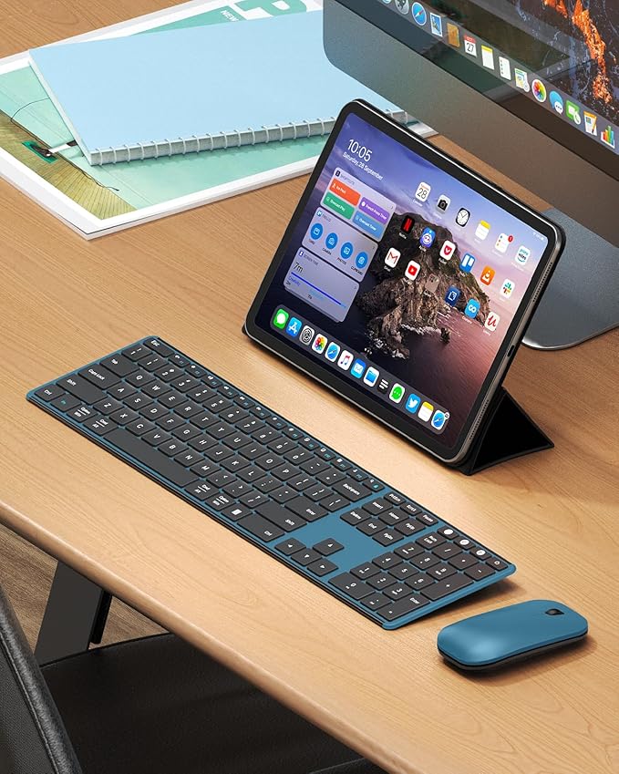 seenda Wireless Bluetooth Keyboard and Mouse Combo (USB + Dual BT), SKM64-3 Multi-Device Rechargeable Slim Keyboard and Mouse, Compatible for Win 7/8/10, MacBook Pro/Air, iPad, Tablet - Black Blue