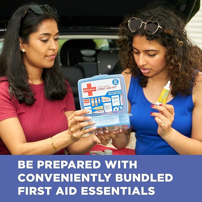 Band-Aid Travel Ready Portable Emergency First Aid Kit for Minor Wound Care with Assorted Adhesive Bandages, Gauze Pads & More, Ideal for Travel, Car & On-The-Go, 80 pc