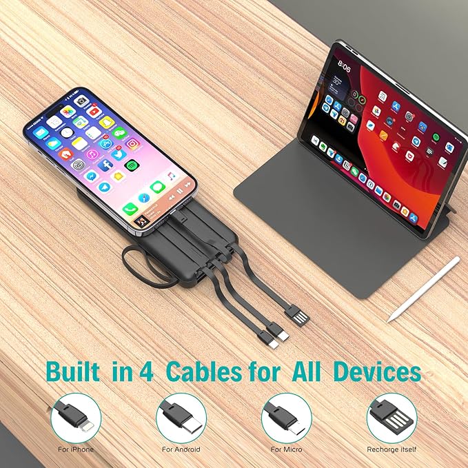 Portable Charger with Built in Cables,10000mAh Slim USB C Power Bank,5 Output 3 Input LED Display High Speed External Battery Pack Travel Phone Charger for iPhone Samsung Pixel LG Moto iPad,Black