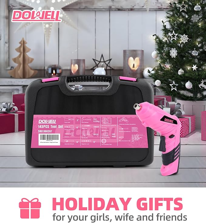 143 Pcs Pink Homeowner Tool Set with 3.6V Cordless Screwdriver General Household Hand Tool Kit with Plastic Tool box Storage Case for Women,Men