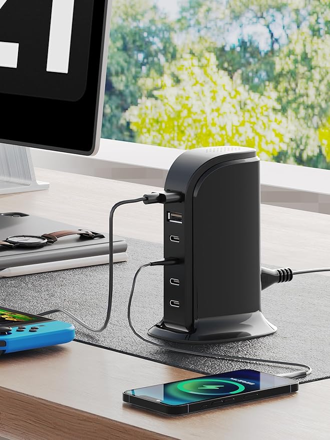 USB Charger, Charging Station for Multiple Devices 65W, Fast Charging Blocks with 4Type C Ports, Dual USB Charging Hub Organizer Multiport for iPhone, Ipad, Smartphones, Travel Accessories (Black)