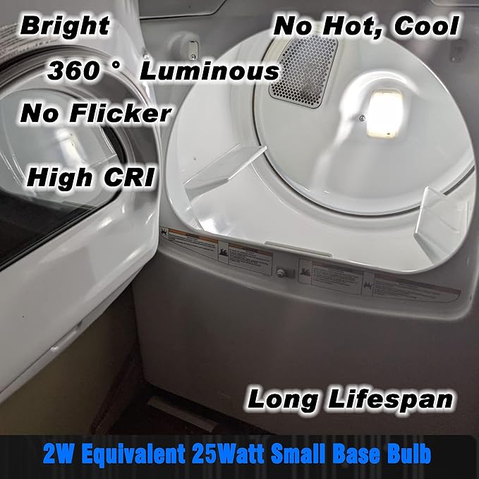Dryer Light Bulb 120V 10W 25W 40W Equivalent WE05X20431 WP22002263 Appliance Bulb E12 Candelabra Base 2W 300lm 6000K Daylight White for Dryer Drum Water Ice Dispenser Refrigerators Bulb, 2 Pack