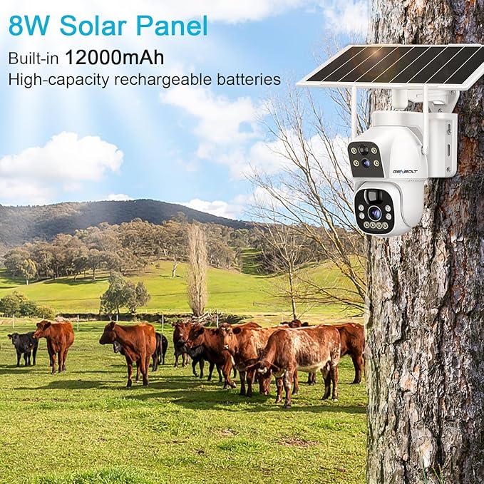 GENBOLT 3G/4G LTE Cellular Solar Security Camera Outdoor Wireless, 8W 15600mAh Battery Operated Surveillance IP Camera No WiFi, Dual Lens Spotlight CCTV System with SIM Card