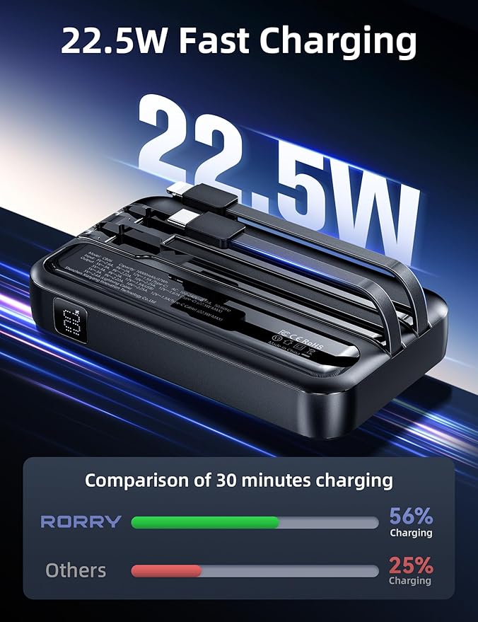 RORRY Portable Charger Built in Cables, AC Wall Plug In Portable Charger Power Bank 10000mAh Travel Battery Pack 22.5W Fast Charging for iPhone 16/15/14 Samsung Galaxy S24/S23/S22 Pixel LG iPad, Black