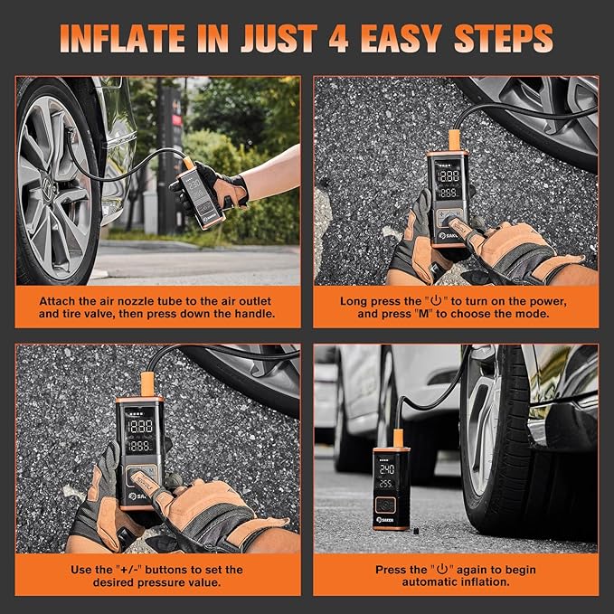 Saker Tire Inflator Portable Air Compressor - 150PSI Car Tires Air Pump with Tire Pressure Gauge Led Light, 7500mAh Battery & 12V DC Smart Tire Inflator for Car, Motorcycle, Bike Tire, Ball