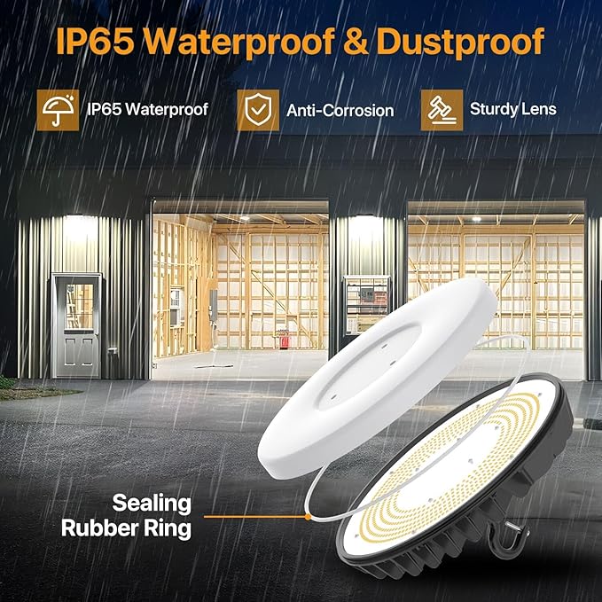 DEMILAR Smart Shop Lights 150W - Micware Motion Sensor 18000LM UFO LED High Bay Light with Multi-Function Remote, 10%-100% Dimmable IP65 Waterproof 5000k Garage Shop Lighting (New Remote)
