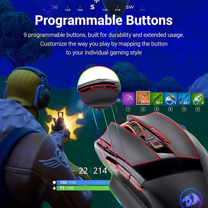 Redragon M801 Gaming Mouse, RGB PC Gaming Mouse MMO with 9 Programmable Buttons Macro Recording, 16000 DPI, Fire Button for Gaming Windows Computer - Wired, Black