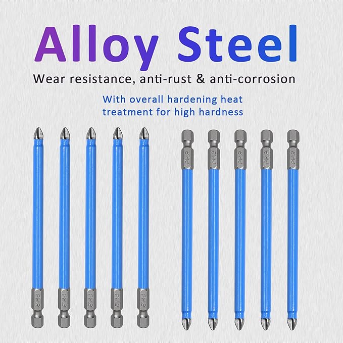 10 Pcs Magnetic Phillips Screwdriver Bit Set 5 inch Long, PH2 Phillips Bits Set, Non-Slip Cross Head Electric Screwdriver Bits Set 1/4" Hex Shank (PH2, 127mm)