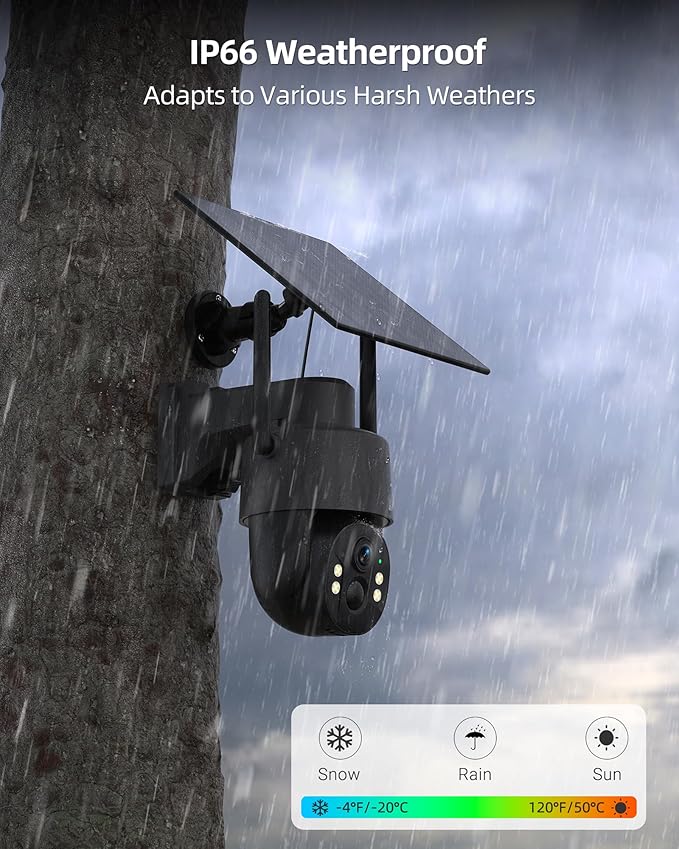 Solar Security Cameras Wireless Outdoor, 4G LTE Cellular Security Cameras for Home Security, 360° PTZ Surveillance Camera with PIR, Color Night Vision, 2-Way Talk, IP66 Waterproof, Work with Alexa