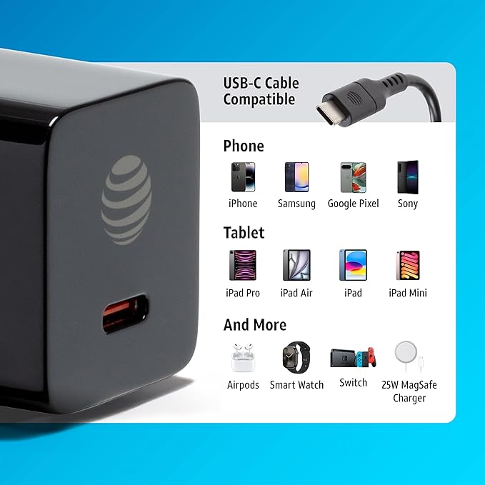 AT&T USB-C Fast Charging Wall Charger Cube Foldable Power Adapter Plug Brick Compatible w/iPhone 15/16/Plus/Pro/Pro Max, Galaxy S25/S24/Plus/Ultra 20W Black