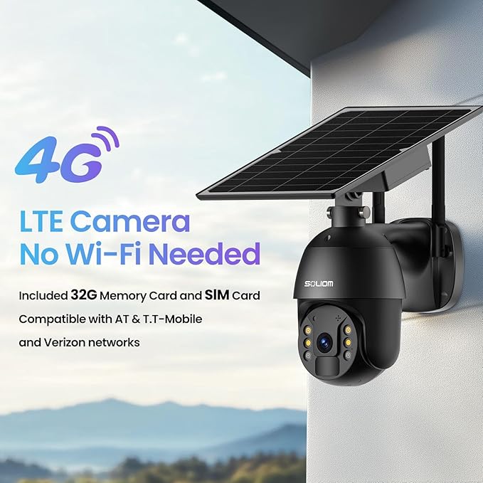 S600 4G LTE Security Camera Outdoor, Solar Powered Cellular Security Camera Wireless, Pan Tilt 360°View Full,1080P Night Vision, 2 Way Talk, PIR Motion Sensor, No WiFi, Unlimited Data Plan Black